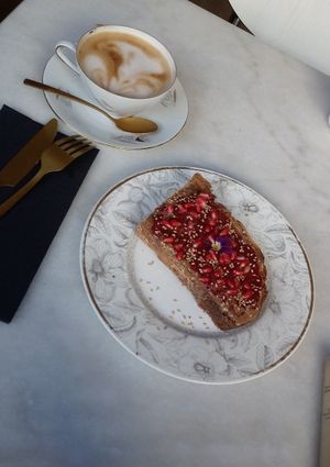 Cappuccino and Toast of the day at L'Alchimiste in Brussels