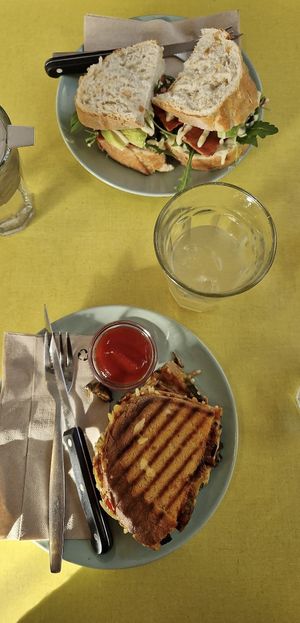 Vegan BLT (top) and “cheese”, tapenade and grilled vegetable vegan toasty (bottom).  at STEK in Roosendaal