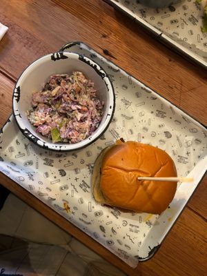 Can't remember which yummy burger this was, but you can see the side of purple slaw at Fat Hippo in Durham