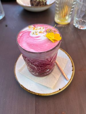 Beet root latte with almond milk   at Wild Cafe in Estepona