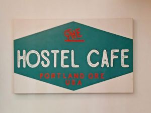 Interior sign at The Hostel Cafe in Portland