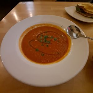 Dinner: Soup of the day: tomato soup (Vegan, of course, and DEELISH!) at The Hostel Cafe in Portland