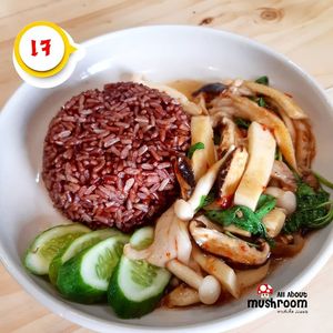 Mixed mushroom stir-fried basil leaves at All About Mushroom in Bangkok