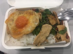 Vegan chicken holy basil stir fry with egg at All About Mushroom in Bangkok