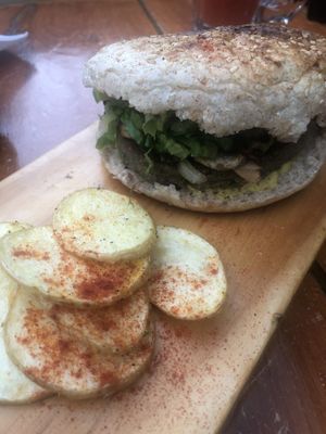 Lentil burger. The few potatoes were good    at Lxs de Abajo in Zacatecas