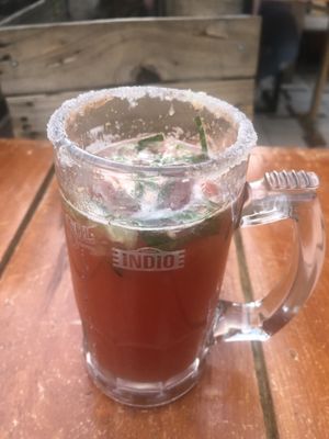Estrella Red - very refreshing beer cocktail. Loads of chopped up tomatoes, cucumbers and I think mint    at Lxs de Abajo in Zacatecas