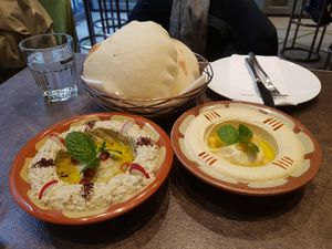 Babaghanoush (left) and hummus (right) with puff bread at Eli Falafel - Jiujiang Rd in Shanghai