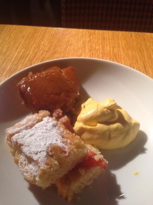 Sticky toffee pudding, Victoria sponge and mango cream vegan dessert combo :) at Tibits in London
