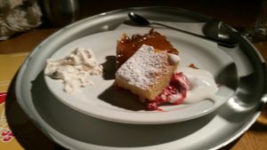 Sticky toffee pudding, sponge cake, chai tea cream at Tibits in London