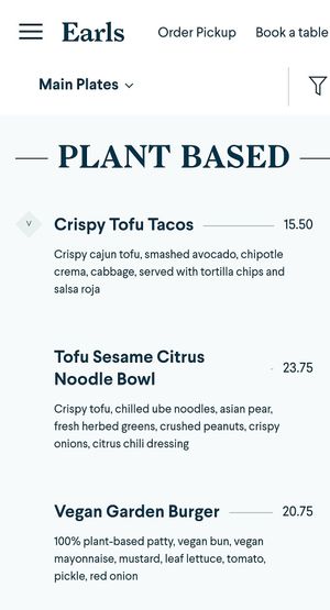 Vegan menu at Earls in Plano