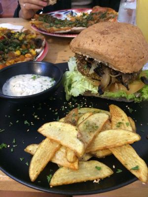 Vegan house burger with great fries at VEGAN GARDEN in Barranquilla