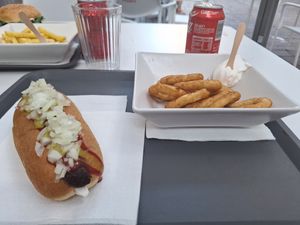 hot dog and onion rings at Mel Vegan Fast Food in Tenerife