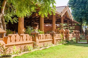Fourteen genuine massive teak pillars support the roof.
 at 7 Sisters Restaurant in Bagan