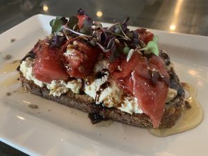 Watermelon and Cashew Ricotta VEGAN toast at Dirt - Bay Rd in Miami Beach