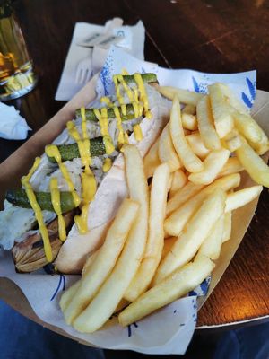 Blonde hotdog. Saurkreut and gherkins. at The Blue Bell in Conwy