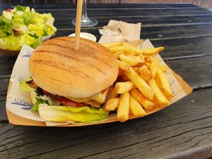 Burger with bacon and cheese (all vegan) at The Blue Bell in Conwy