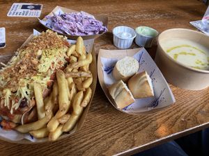 Vegan hotdog with bean chilli, homemade coleslaw, cauliflower and chickpea soup! Wasabi mayo and regular mayo!  at The Blue Bell in Conwy