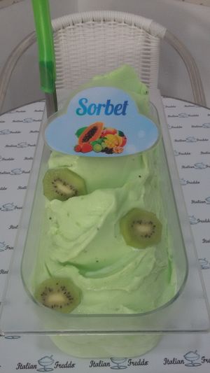 Kiwi Sorbet, our most popular Vegan Ice Cream. at Italian Freddo in Albufeira