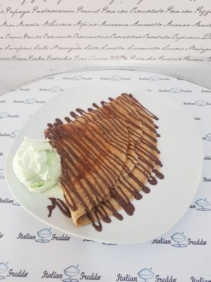 Vegan crepe with vegan kiwi gelato.  at Italian Freddo in Albufeira