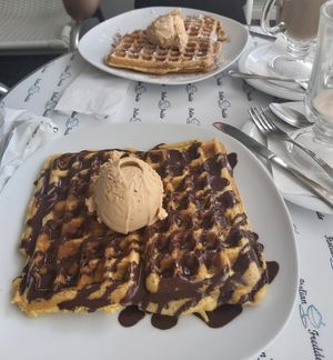 Vegan waffles with peanut butter ice cream at Italian Freddo in Albufeira
