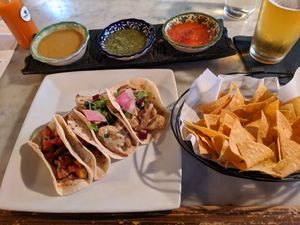 Sweet potato and cauliflower tacos with salsa flight at Espíritu in New Orleans