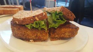 Vegan neatloaf sandwhich at Ananda Fuara in San Francisco