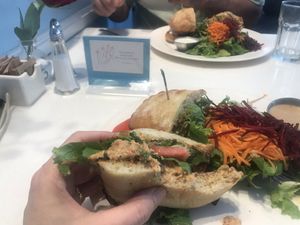 Had the vegan tofu chicken satay with a vegan chicken salad sandwich.  So delicious!  Everything prepared with quality and care.  Highly recommend! at Ananda Fuara in San Francisco