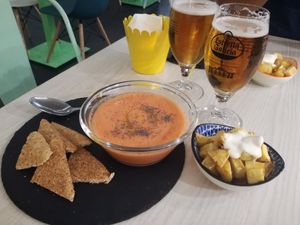 Starters of the day, gaspacho and batata brava. at La JunGla in Valencia