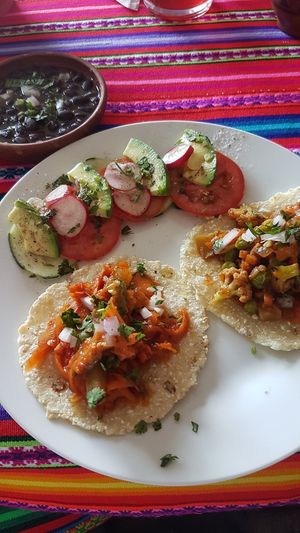 Main dish of set lunch - tacos with salad at Pachamama Health in Veracruz