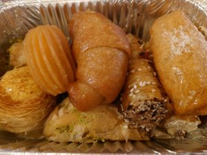 8 pastries and sweets for 20€ + 2,50€ each slice of savoury pie at Rose's Bakery in Corfu