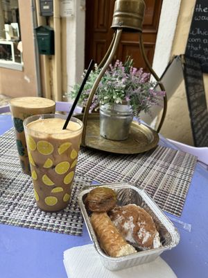 Frappes with coconut sugar and non dairy milk  at Rose's Bakery in Corfu