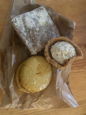 Sweets for 6€ a piece. You have to take at least three.   at Rose's Bakery in Corfu