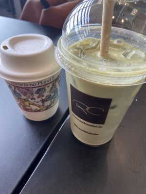 Cappuccino and iced matcha. Both with oat milk.   at ARN - RC Chocolat - T5 in Stockholm