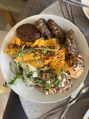Buddha Bowl with Barley-otto Fritters  at GRØD in Aarhus