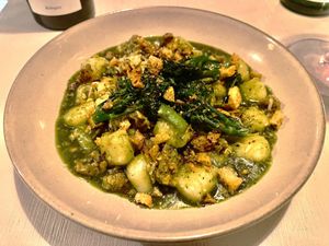 Gnocchi, cavolo nero & roasted garlic pesto, sausage, fennel seeds, chili, lemon breadcrumbs, broccolini, parmesan....very tasty! at Spritz in Antwerpen