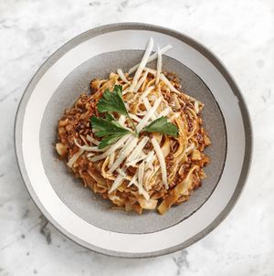 Tagliatelle all bolognese made of lentils at Spritz in Antwerpen