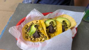 Sir Paul (vegan)
Refried black beans, avocado, roasted corn pico and roasted pepitas at Brazos Tacos in Charlottesville