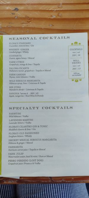 Drink menu at Flora Farms in San Jose Del Cabo
