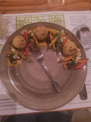 Crispy quinoa & summer peas Croquettes almost $40 was dry + very underwhelming at Flora Farms in San Jose Del Cabo