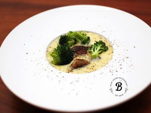 Vegan Potato Base with baked broccoli and extra virgin oilve oil grilled portobello mushroom. Taste like heaven! at Blue in Penang