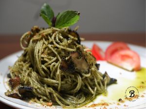 Homemade pesto sauce with grilled mushroom. at Blue in Penang
