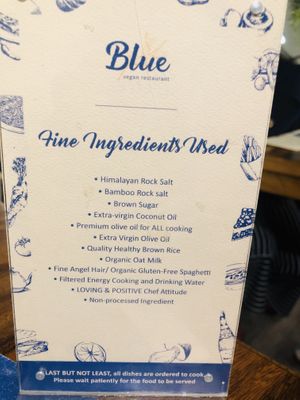 Ingredients used at Blue in Penang