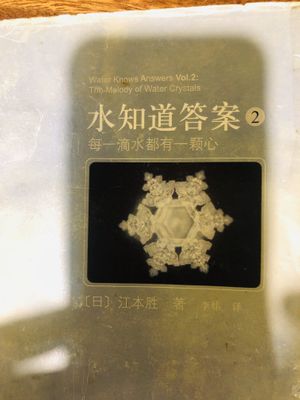 Book by Japanese scientist and his experiments with water and sending positive energy to shift molecular structure, on the lovely bookshelf they have with books for adults &kids  at Blue in Penang