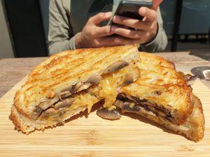 Cheesy mushroom $12.00 at Love Madre in Cheltenham