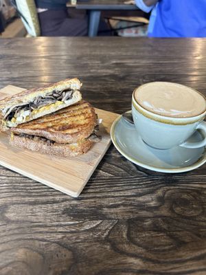 Mushroom melt with soy latte    at Love Madre in Cheltenham