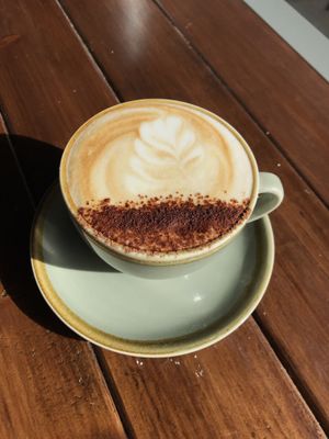 5 senses Crompton Rd coffee with a choice of soy, almond, oat or coconut milk. at Love Madre in Cheltenham