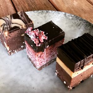 Sweet Nectar Desserts: peanut butter fudge, berry ripe and marz. at Love Madre in Cheltenham