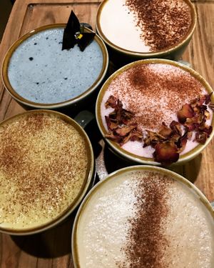 Turmeric latte, blue dream, beetroot latte, mint cacao and shroom brew.  at Love Madre in Cheltenham