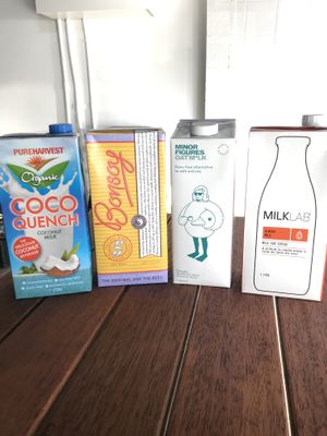 Milk on offer: Pure Harvest Coco Quench, Bonsoy, Minor Figures Oat milk and Milklab Almond milk. at Love Madre in Cheltenham