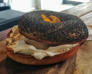 Poppy seed bagel with soy cream cheese at Love Madre in Cheltenham